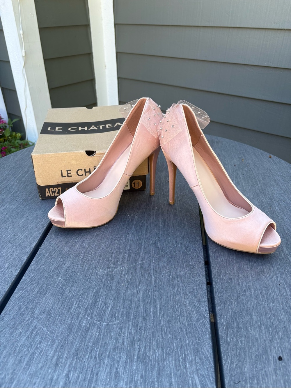 le chateau Blush Pink Peep-Toe Stiletto Heels with Gem Embellishment